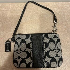 COACH Corner Zip Wristlet Black Logo and Stripe